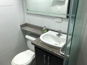 y baño con aseo, lavabo y espejo. en ACOGEDOR APARTAMENTO EN IBAGUE, en Ibagué
