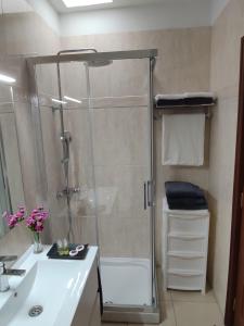 a bathroom with a shower and a sink at FLOR DE PASCUA in Acantilado de los Gigantes