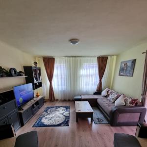 a living room with a couch and a tv at Roca House in Braşov