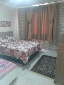 1 Schlafzimmer mit 2 Betten und einem Teppich in der Unterkunft Vista em Frente ao Mar em Guilhermina in Praia Grande