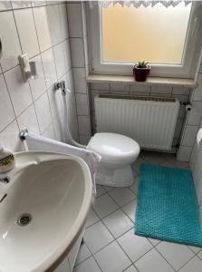 ein Bad mit einem Waschbecken, einem WC und einem Fenster in der Unterkunft Olgas Ferienwohnung Saarburg Bahnhofstraße 13G in Saarburg