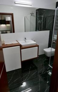 a bathroom with a sink and a toilet at Branickiego 23 Apartment close to Medicover and Paley in Warsaw
