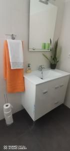 een badkamer met een witte wastafel en een spiegel bij D Henriques House in Câmara de Lobos