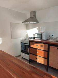 a kitchen with a stove and a counter with a microwave at Bella Vista 5 in Esquel