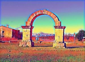 a painting of an arch in the middle of a field at VÍA NATURA hotel rural gastronómico in Cabanes