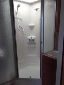 a shower in a bathroom with a glass door at Confort y Relajacion in Vega Alta