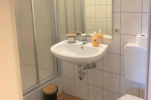 a bathroom with a sink and a shower at Gemütliches Reiheneckhaus mit Balkon in Burscheid