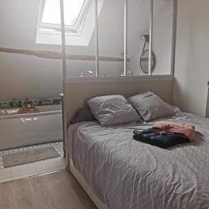 1 dormitorio con cama, ventana y bañera en La Maison d'Estelle, en Corvol-lʼOrgueilleux