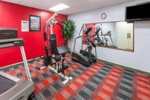 a gym with cardio equipment and a red wall at Ramada Plaza by Wyndham Albany in Albany