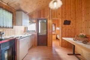 a kitchen with wooden walls and a wooden floor at Casa Bucaneve in Barzio