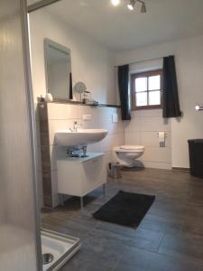 een badkamer met een wastafel en een toilet bij Ferienwohnung Bauer Katrin und Florian in Prien am Chiemsee