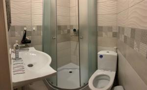 切爾諾夫策的住宿－Mini-Hotel Sakvoyage，一间带卫生间和水槽的小浴室
