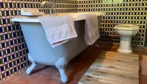 a bathroom with a blue tub and a toilet at Maison Magnolia in Onesse-et-Laharie