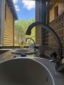 a sink in a kitchen with a view of a yard at Maison Magnolia in Onesse-et-Laharie