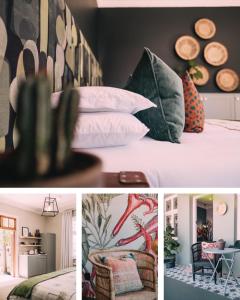een collage van foto's van een slaapkamer met een bed en kussens bij Sixteen On Latimer in East London