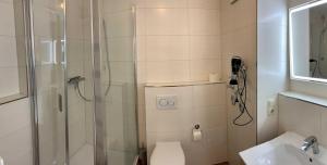 ein Bad mit einer Dusche, einem WC und einem Waschbecken in der Unterkunft FeWo Drei Moewen in Kühlungsborn