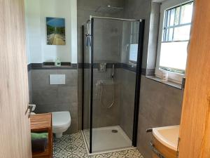 a bathroom with a shower and a toilet and a sink at Landhausidylle in Simmerath