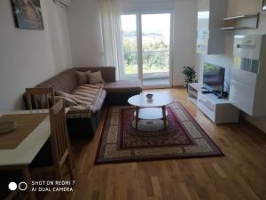 una sala de estar con un sofá y una mesa en Renta apartman, en Podgorica
