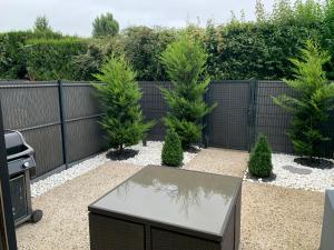 a garden with pine trees and a table in front of a fence at Beau duplex 90m2 au calme in Buchères