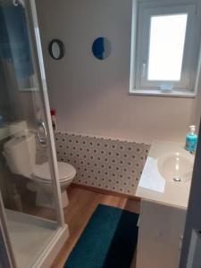 a bathroom with a toilet and a sink at Hébergement à l'Orée des Champs in Rethel