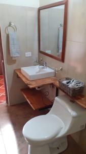 a bathroom with a toilet and a sink and a mirror at Hotel Suamena in Ráquira