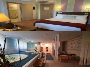 two pictures of a hotel room with a bed and a bathroom at Saturnia Tuscany Hotel in Saturnia