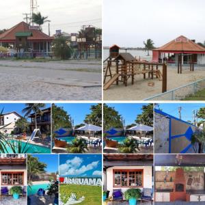 uma colagem de fotografias de um resort em Suíte com cozinha para casal em Araruama