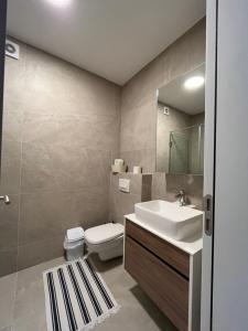 ein Badezimmer mit einem Waschbecken, einem WC und einem Spiegel in der Unterkunft Central Luxury Apartment in Pristina