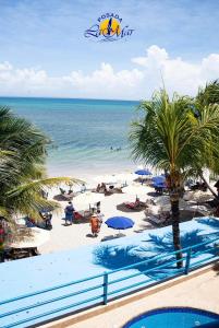 uma vista para uma praia com palmeiras e para o oceano em Hotel Posada La Mar em El Yaque