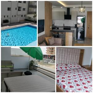 a collage of photos with a bedroom and a swimming pool at Horizon Appartment - Hammamet Nord in Hammamet Nord