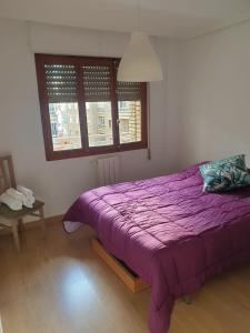 1 dormitorio con cama morada y ventana en Torre Urbanlux, en Albacete