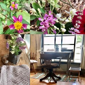 a collage of photos with flowers and a piano at Travelers House おーさんてぃん青空舎 in Taketomi