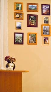 un mur avec des photos sur un mur avec un vase sur une table dans l'établissement Cozy apartment at river Labe near center and train, à Ústí nad Labem