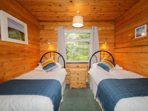 a bedroom with two beds in a log cabin at Eagle Lodge in Strathpeffer