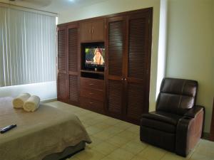 uma sala de estar com uma cadeira e uma televisão em Beachfront Apartment Your Home in Cozumel em Cozumel