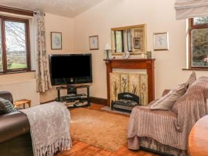 sala de estar con TV y chimenea en The Cottage at Moseley House Farm en Chinley