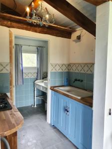 a kitchen with blue cabinets and a sink in a room at Maison charmante à Montfermier avec piscine privée in Montfermier