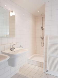 a white bathroom with a sink and a shower at Vakantiewoning Osebos in Gulpen +9 photos