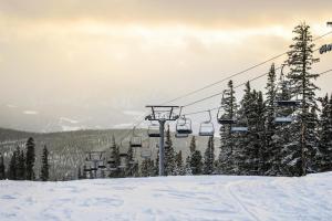 une remontée mécanique sur une piste enneigée avec des arbres dans l'établissement Hop Inn At Antlers Gulch, à Keystone