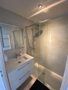 uma casa de banho com um lavatório e um chuveiro em Frejus Plage Acapulco em Fréjus