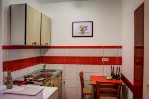 a small kitchen with red and white tiles at Rooms Marijana Obrovac in Slunj