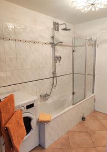 lavatrice in bagno con doccia di PenthouseApartment 250° a Sonthofen
