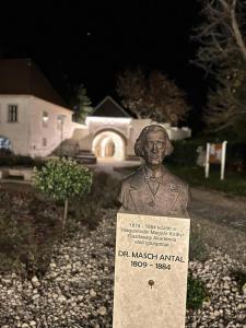 a statue of a man on a sign in front of a house at Safit-Mandala in Mosonmagyaróvár