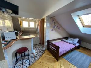 a small attic bedroom with a bed and a bathroom at Вілла Графа in Lviv