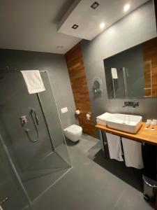 La salle de bains est pourvue d'une douche, d'un lavabo et de toilettes. dans l'établissement Zajazd w Białej, à Grodzisk Wielkopolski