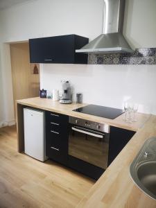 een keuken met een wastafel en een fornuis top oven bij Charmant duplex 80m² in Mouchard