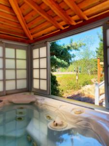 a window in a bathroom with a view of a yard at Otter's Pond Bed and Breakfast in Eastsound