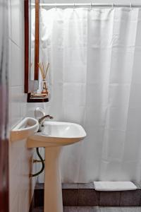 baño con lavabo y cortina de ducha blanca en Hotel El Paraiso De La Sierra en Tandil
