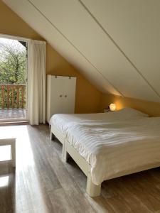 Cama en habitación con ventana grande en Tofino, een comfortabel vakantiehuis naast een bos en zwemmeer en Gasselte
