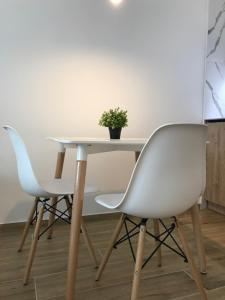 a table with two white chairs and a potted plant at Scandik Apartment Studio in Poltava